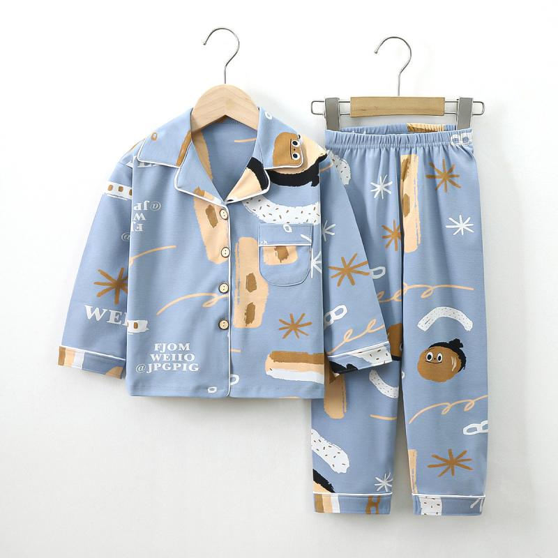 パジャマ キッズ 子供用 男女兼用 綿100% 長袖 春夏秋冬 ルームウェア 上下セット 2点セット 保温 吸湿速乾 肌触り柔らか カジュアル キャラクター柄 襟付き 前開き かわいい