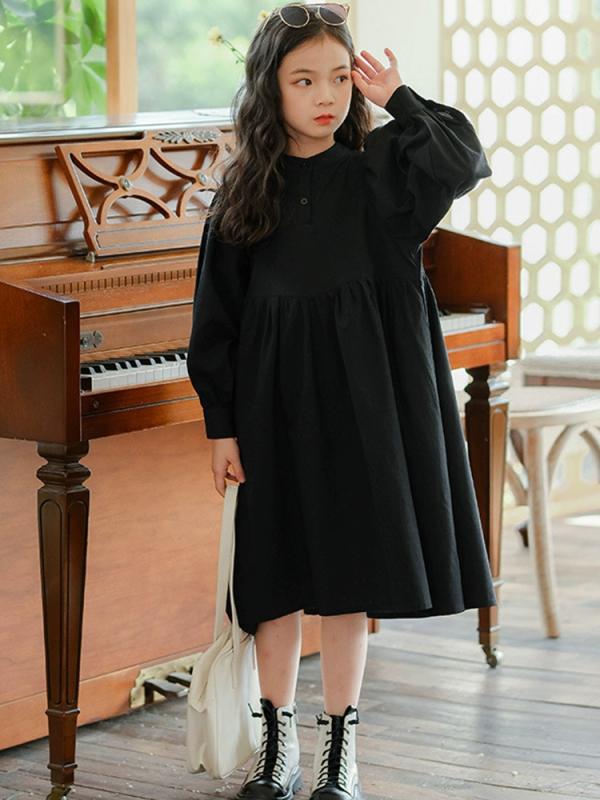 ワンピース キッズ 女の子 ジュニア 長袖 綿100% コットン チャイナ風 スタンドカラー 立ち襟 ランタン..