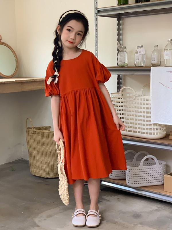 ワンピース 女の子 ジュニア 柔らかい肌触り コットン100% パフスリーブ 半袖 ミディ丈 ティアードスカート 韓国風 おしゃれ レトロ リゾート カジュアル 夏服 通園 通学 お出かけ
