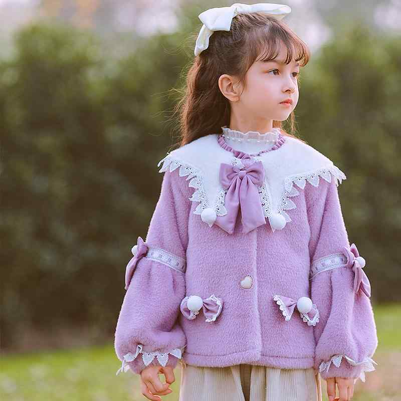 アウター 女の子 キッズ 子供 裏起毛 厚手 暖かい 防寒 フェイクファー プリンセス風 かわいい レース リボン付き フードなし 冬物 高級感 コート ガール...