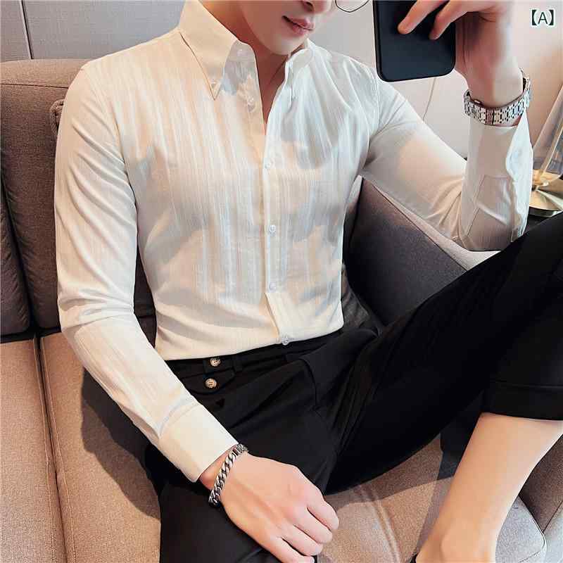 シャツ メンズ 男性用 形態安定 シワになりにくい 長袖 スリムフィット 細身 綿混素材 カジュアル ビッグカラー 尖り襟 シワ加工 韓国風 韓流