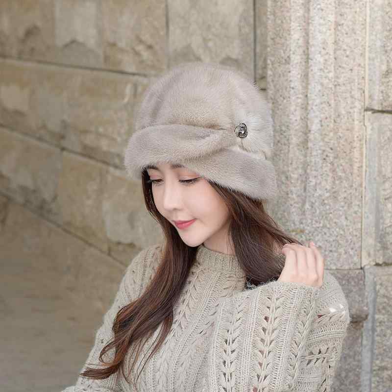 帽子 レディース 天然ミンクファー 一枚仕立て 防寒 防風 保温 耳あて 短ツバ 丸型 上品 ハット 秋冬 グレー(4)
