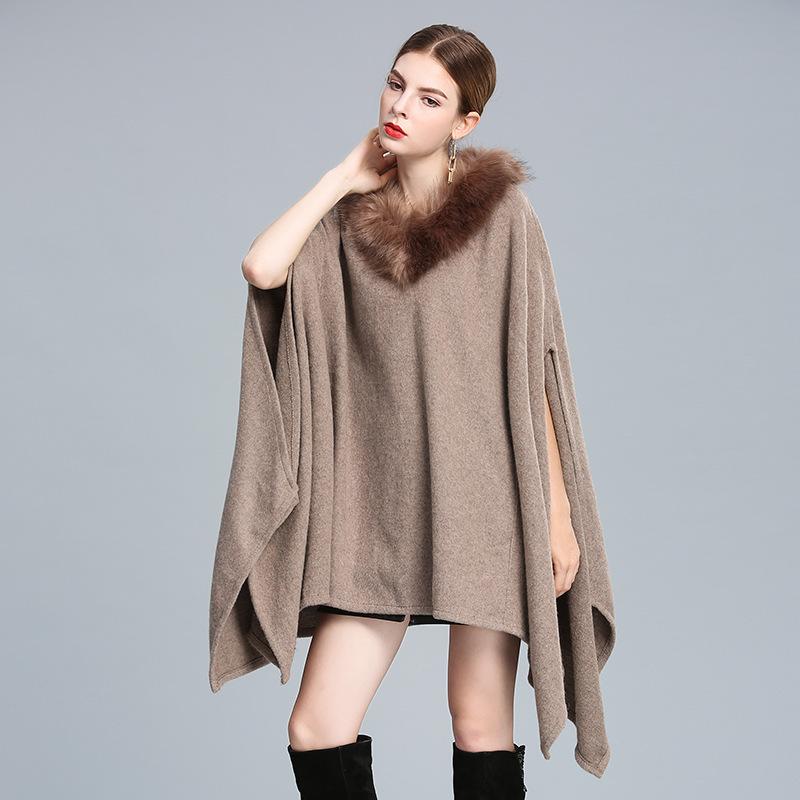 ニットポンチョ レディース 秋冬 ショール ケープ フェイクファーVネック襟 ゆったり 体型カバー プルオーバー ミドル丈 アウター きれいめ 通勤 オフィス カジュアル