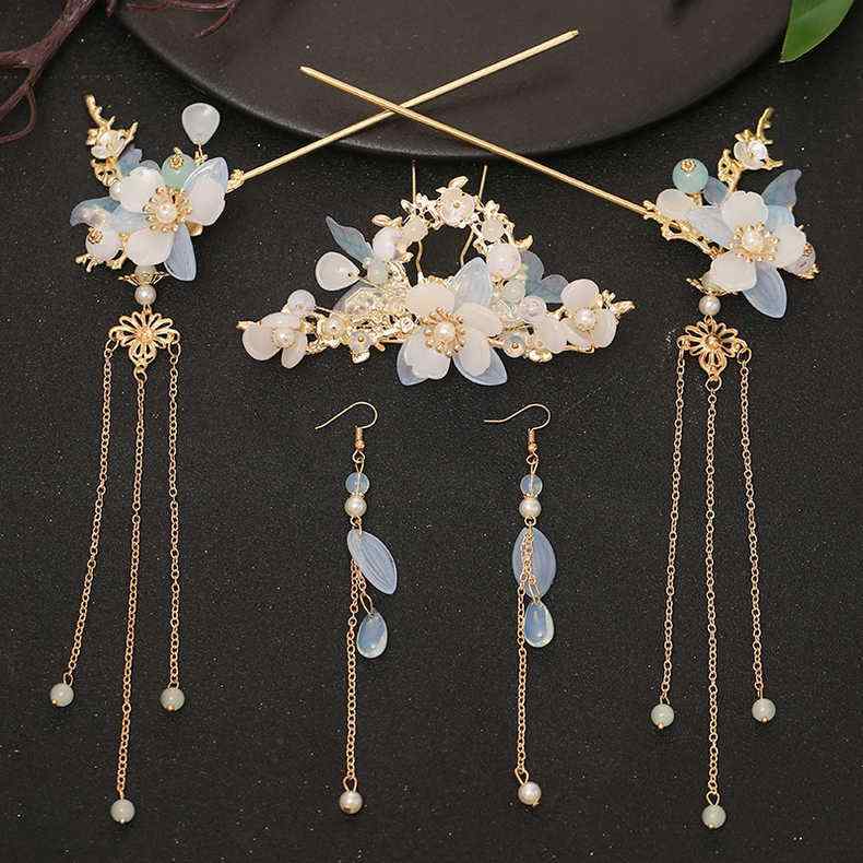 髪飾り レディース 漢服風 古風 中国風 仙女風 華やか タッセル 歩揺 かんざし ヘアスティック ヘアコーム ヘアクラウン ペア フルセット 手作り 結婚式 ...