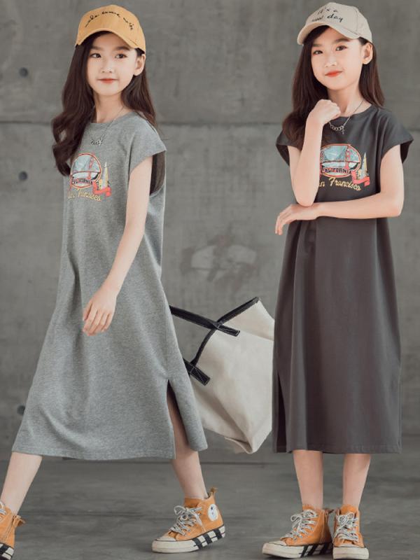 ワンピース キッズ 女の子 ジュニア Tシャツワンピース Aライン ノースリーブ 薄手 ゆったり 夏物 カジュアル ルームウェア 中大サイズ かわいい 子供服