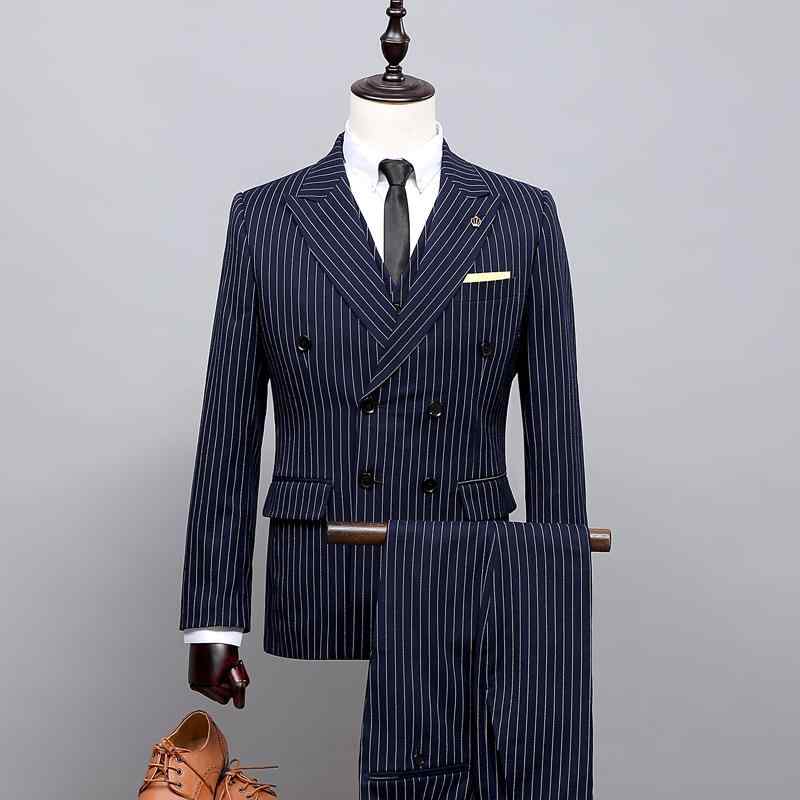 スーツ メンズ スリーピース セットアップ ジャケット ベスト パンツ スリムフィット ストライプ柄 結婚式 フォーマル カジュアル ビジネス オフィスカジュアル 春夏 レトロ クラシック 英国風 接触冷感