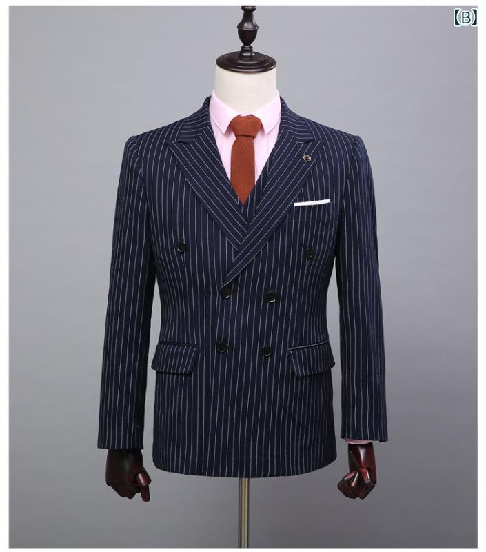 スーツ メンズ スリーピース セットアップ ジャケット ベスト パンツ スリムフィット ストライプ柄 結婚式 フォーマル カジュアル ビジネス オフィスカジュアル 春夏 レトロ クラシック 英国風 接触冷感