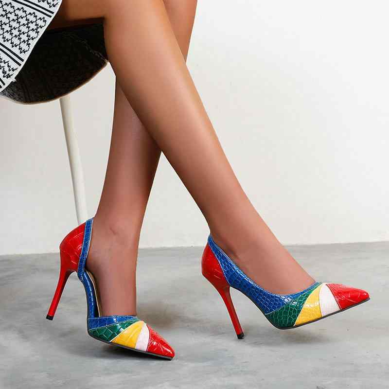 ハイヒール レディース サイドオープン ローカット ポインテッドトゥ 細ヒール PUレザー スネーク柄 切り替え 春秋 フレンチスタイル セクシー パンプス