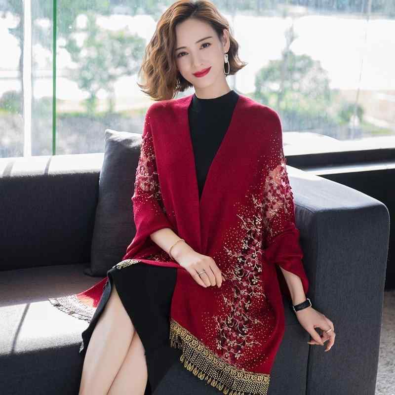 ニット レディース 秋冬 刺しゅう フリンジ 厚手 ドルマンスリーブ ゆったり ショール ポンチョ カーデ..