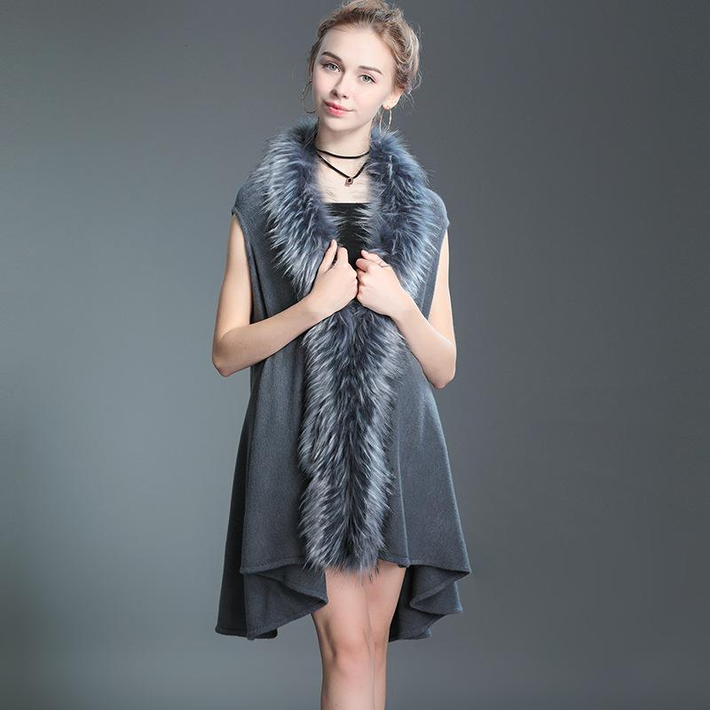 ニットカーディガン レディース 秋冬 フェイクファー襟 ショール ポンチョ ファーベスト ゆったり ミド..