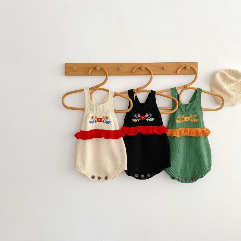 ロンパース ベビー 男の子 女の子 綿100% 春秋冬 ノースリーブ 刺繍 サロペット オーバーオール カバーオール ニット スナップボタン カジュアル 三角デザイン ブラック ベージュ グリーン