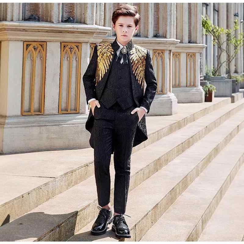 キッズ 男の子 燕尾服 フォーマルスーツ スパンコール ウィング ラインストーン 3点セット ピアノ発表..