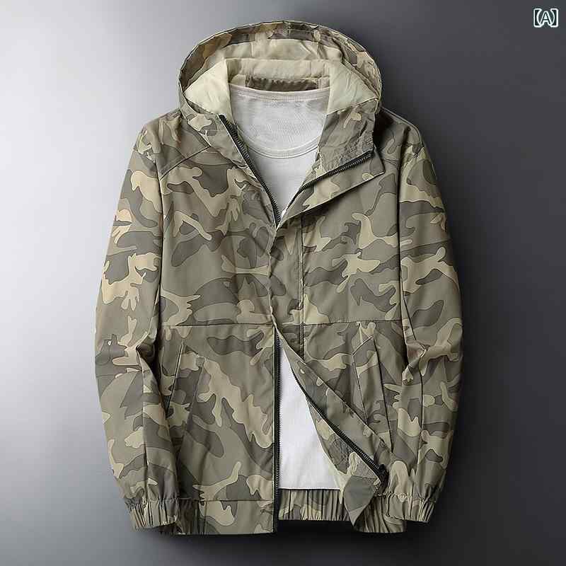 ジャケット メンズ 迷彩柄 フード付き フルジップ ワーク ミリタリー カジュアル 春秋 スポーツ アウター 長袖 サイドポケット ポリエステル素材 カーキ グリーン