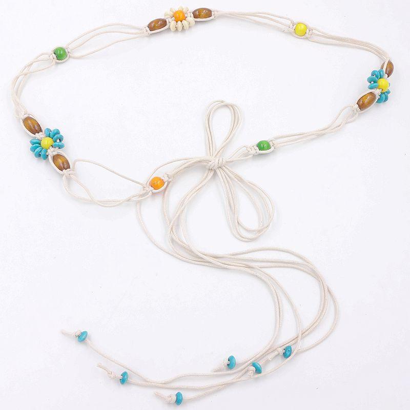 ウエストチェーン レディース ワックスコード 手編み 細身 ボヘミアン エスニック リボン結び シェル 木製ビーズ装飾 オールシーズン