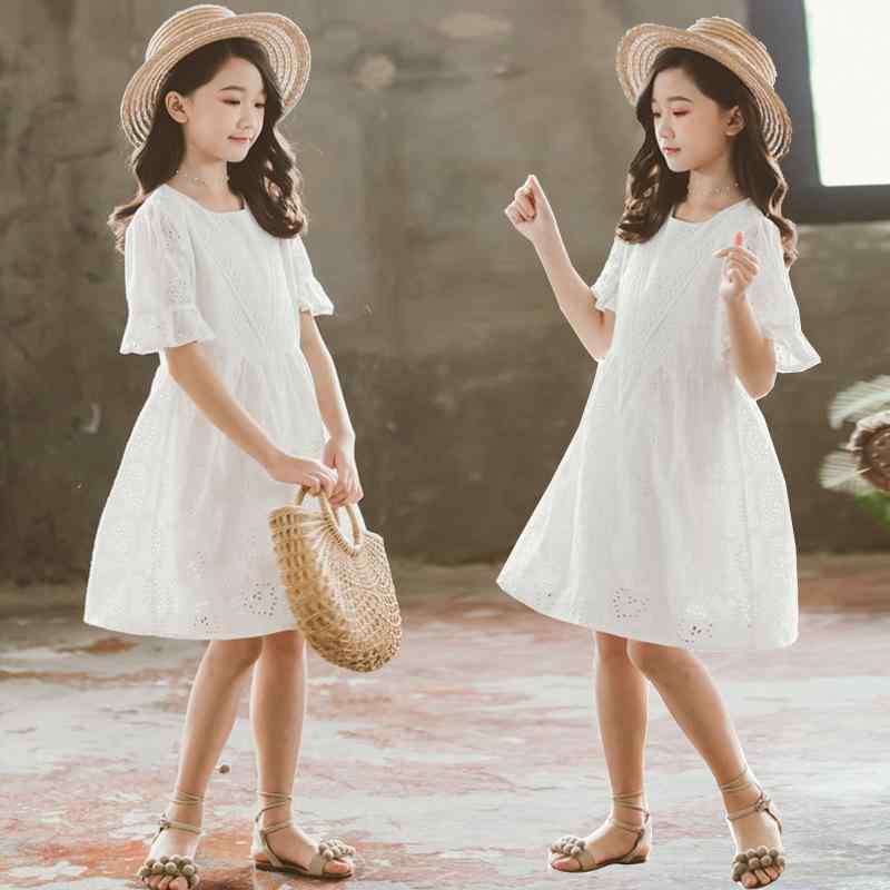 ワンピース 女の子 キッズ ジュニア 夏服 薄手 軽量 コットン 綿100% ゆったり 半袖 Aライン プリンセスドレス 白 親子コーデ かわいい おしゃれ お出かけ 110-165cm