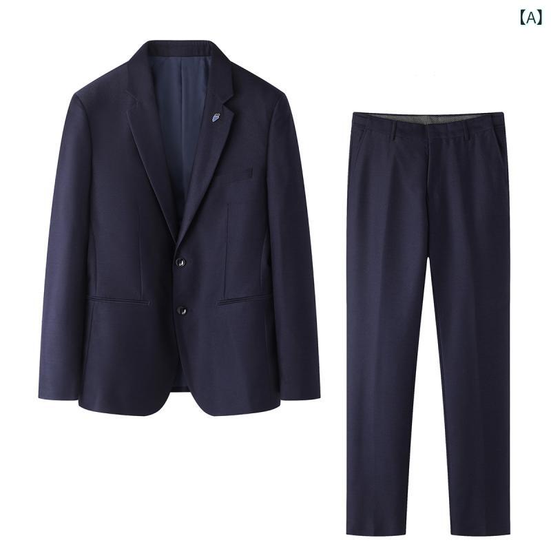 スーツ メンズ 男性用 紳士服 ビジネス フォーマル カジュアル 結婚式 ウェディング ノッチドラペル シングルブレスト 2つボタン センターベント スリム 細身 セットアップ 無地 混紡素材 秋冬 ネイビー 紺