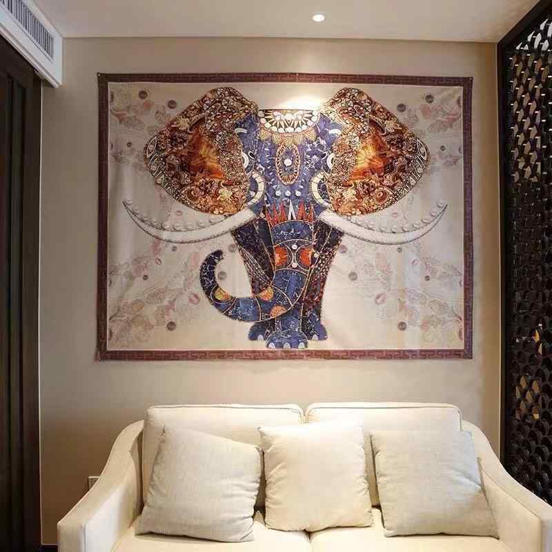 タペストリー マンダラ インド ヘナ ゾウ柄 手描き風 ウォッシャブル ポリエステル製 長方形 大判 リビ..