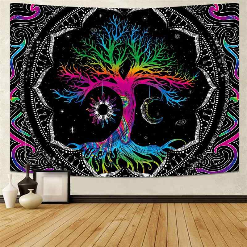 タペストリー 生命の樹 太陽 月 ブラック 神秘的 幻想的 おしゃれ インテリア 壁掛け ウォールデコ 洗える ポリエステル製 リビング 寝室 部屋 装飾
