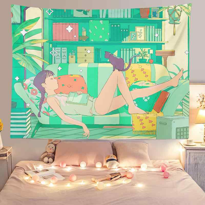 タペストリー 女の子用 キャラクター ガーリー 壁掛け 背景布 ウォールデコレーション 装飾 寝室 ベッドルーム 部屋 賃貸 寮 ベッドサイド 模様替え ポリエステル素材 手洗い可能 北欧風(x2)