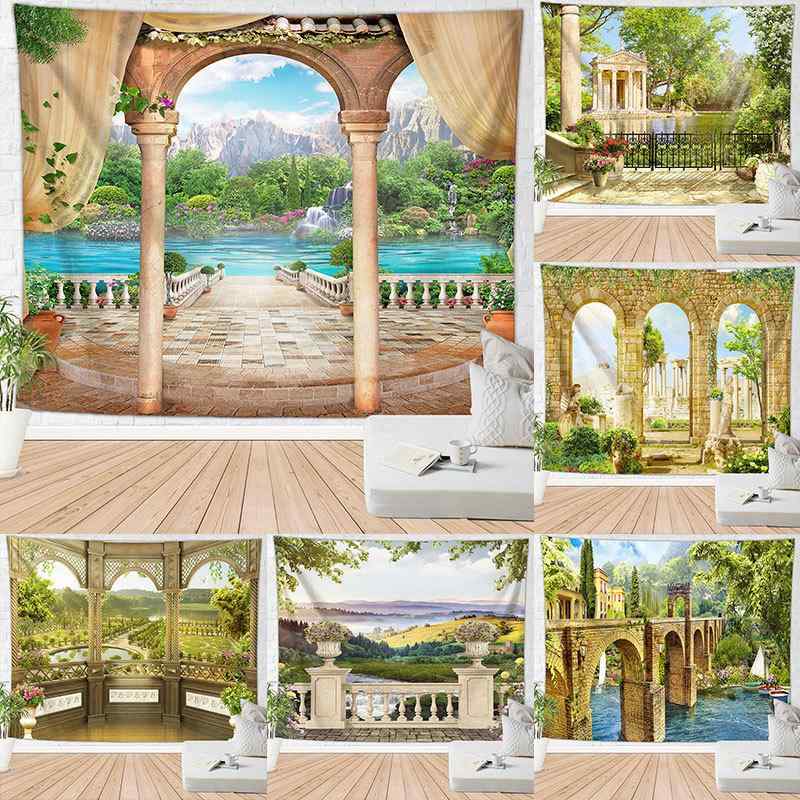 タペストリー 地中海風 海辺の風景 窓枠風 フェイク窓 おしゃれ ナチュラル 壁掛け 洗濯機可 ポリエステル製 寝室 リビング 部屋飾り インテリア 模様替え 背景 ウォールアート(x2)