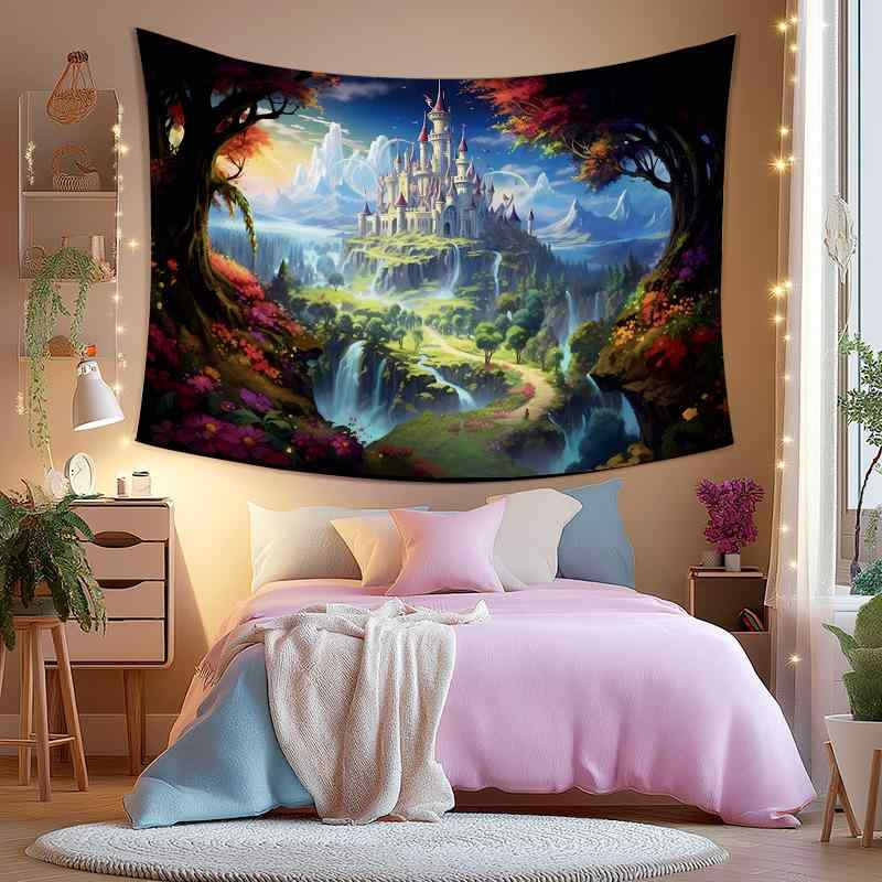 タペストリー 海辺の城 風景画 洗える ポリエステル製 長方形 モダンインテリア 幻想的 寝室 部屋 模様替え ウォールデコ 壁飾り スカイブルー