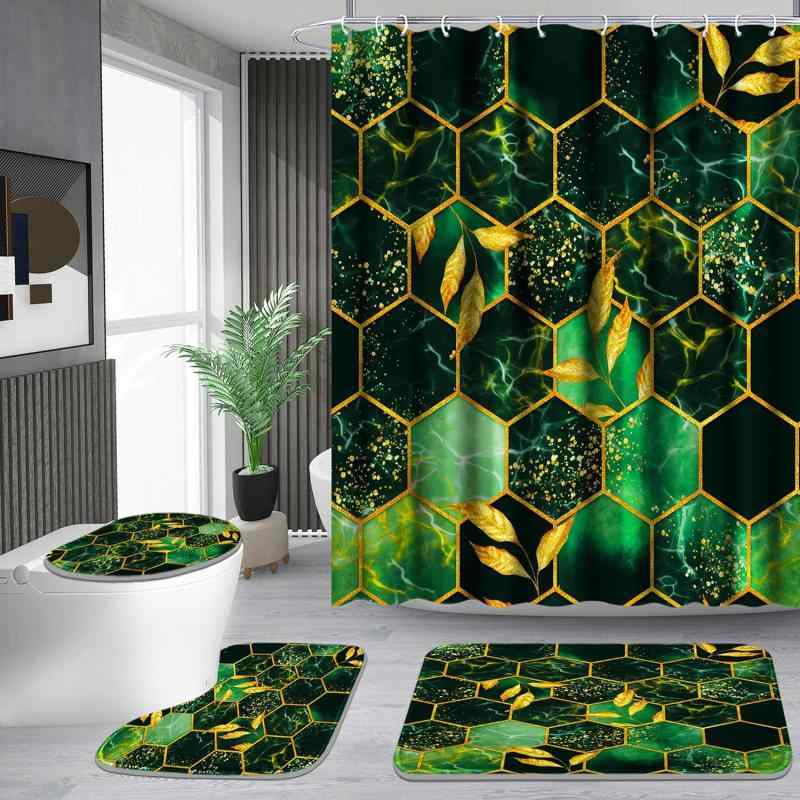 シャワーカーテン バスルームマット U字型マット セット 防水 防カビ ポリエステル製 ハニカム 幾何学模様 デジタルプリント お洒落 モダン インテリア 選べるデザイン