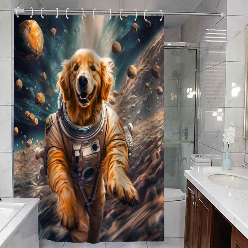 シャワーカーテン ゴールデンレトリバー 宇宙飛行士柄 防水 乾湿分離 バスルーム 間仕切り モダン シン..