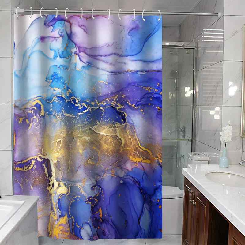 シャワーカーテン 防水 乾湿分離 間仕切り 目隠し パープル ゴールドマーブル柄 ポリエステル製 高級感..