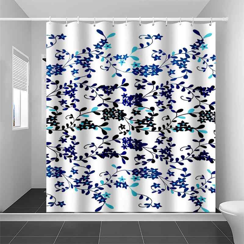 シャワーカーテン 防水 デジタルプリント ボタニカル花柄 ブルー 乾湿分離 間仕切り 目隠し バスルーム 浴室用 モダン シンプル おしゃれ ポリエステル製