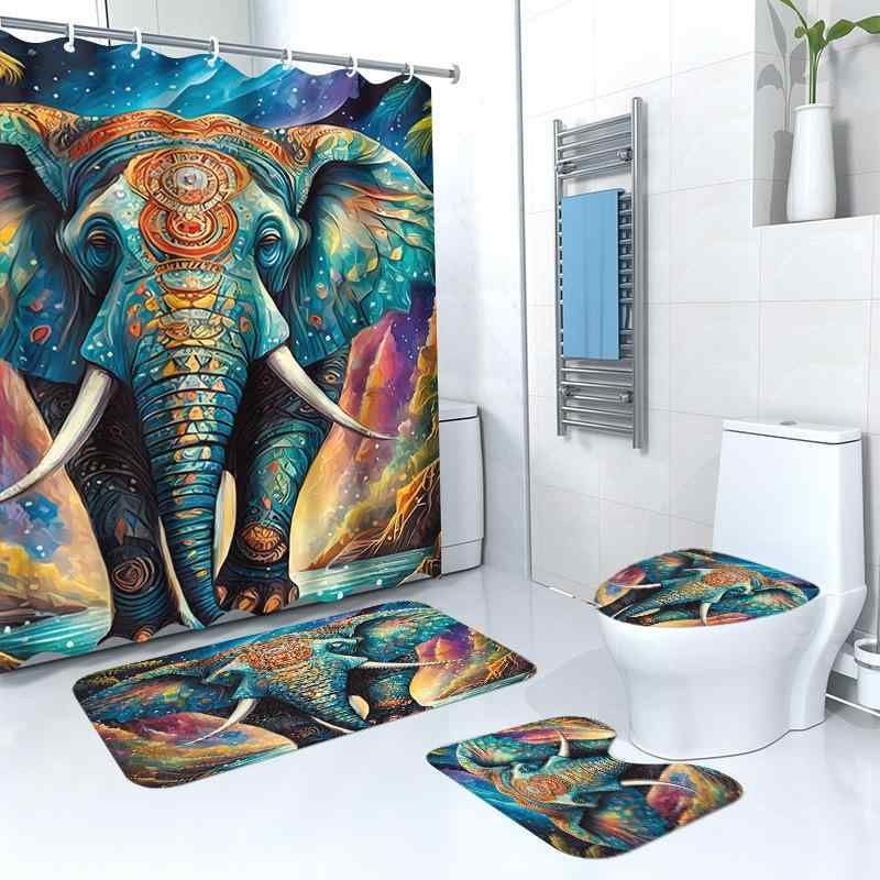シャワーカーテン 防水 撥水 カラフル ジャングル ゾウ柄 エレファント 動物柄 バスマット トイレマット フタカバー 4点セット バスルーム お風呂 トイレ 洗面所 間仕切り 目隠し ポリエステル製 モダン シンプル 新生活 一人暮らし