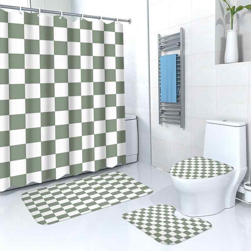 シャワーカーテン バスマット 4点セット カラフル チェック柄 バスルーム 乾湿分離 防水 防カビ モダン シンプル おしゃれ 洗面所 脱衣所 インテリア フロアマット トイレマット 吸水 ポリエステル