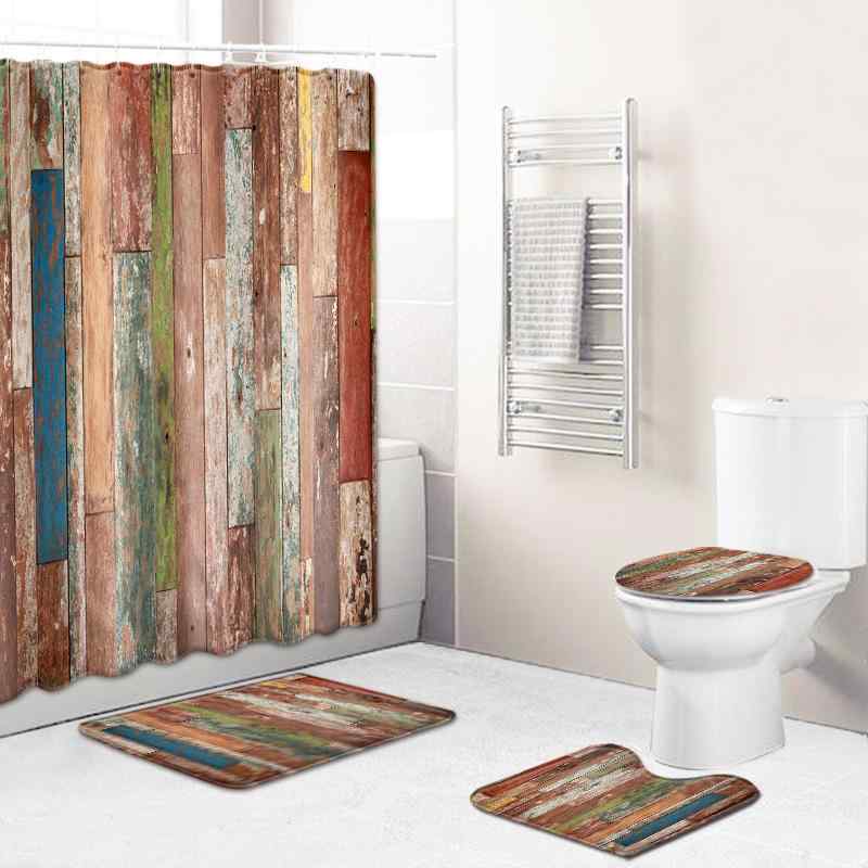 シャワーカーテン バスルーム フロアマット セット 防水 滑り止め機能 木目調デザイン 上品な空間を演出するインテリア ポリエステル素材 お手入れ簡単