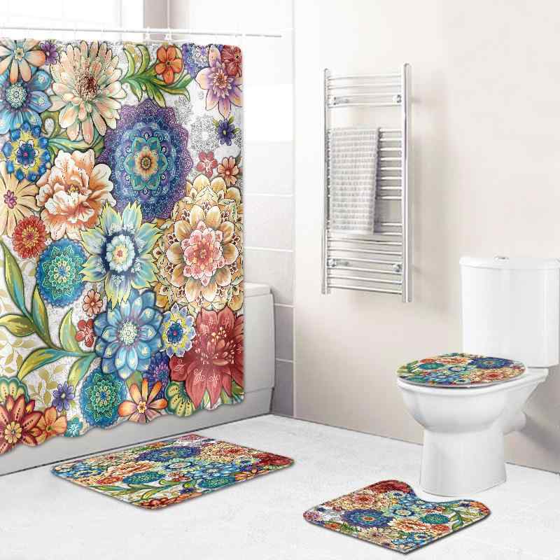 シャワーカーテン ボヘミアン 大花柄 抽象柄 ポリエステル エレガント 高級感 バスカーテン 浴室 滑り止めマット バスマット セット お風呂 インテリア
