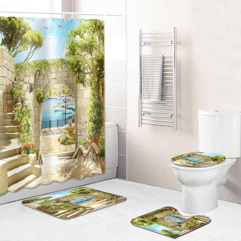 シャワーカーテン フロアマット 浴室 バスルーム 防水加工 滑り止め加工 景色柄 風景 おしゃれ モダン ..