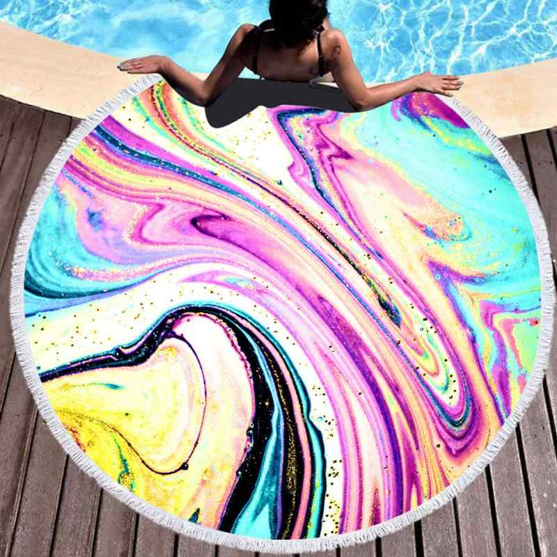 ビーチタオル バスタオル マイクロファイバー 吸水速乾 軽量 薄手 大理石柄 カラフル デジタルプリント 円形 丸型 大判 直径150cm フリンジ タッセル付き プール 海水浴 レジャー(x2)
