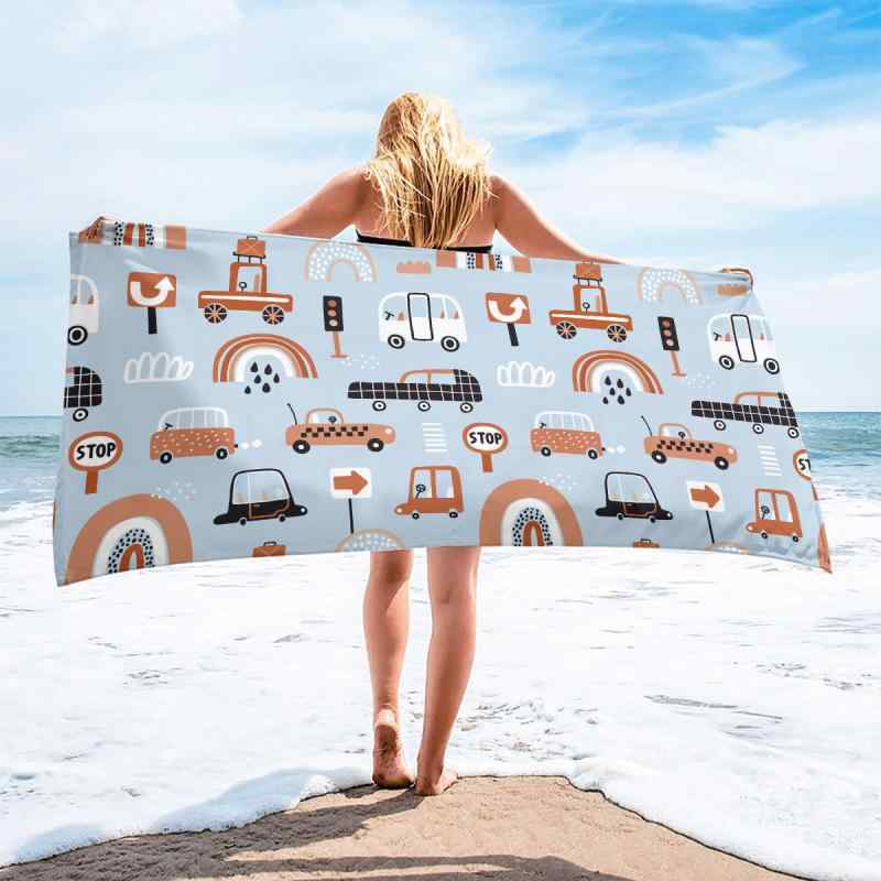 ビーチタオル 吸水速乾 大判 超極細繊維 マイクロファイバー スクエア 3Dデジタルプリント 自動車柄 プール 海水浴 レジャー 旅行 アウトドア スポーツ用タオル(x2)(3)