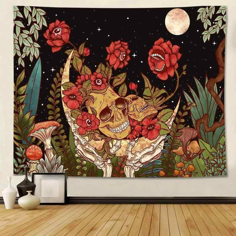 タペストリー スカルフラワー マッシュルーム 月の庭 植物柄 ヒッピー レトロ 北欧風 壁掛け ウォールデコ ポリエステル ウォッシャブル リビング 寝室 インテリア(x2)