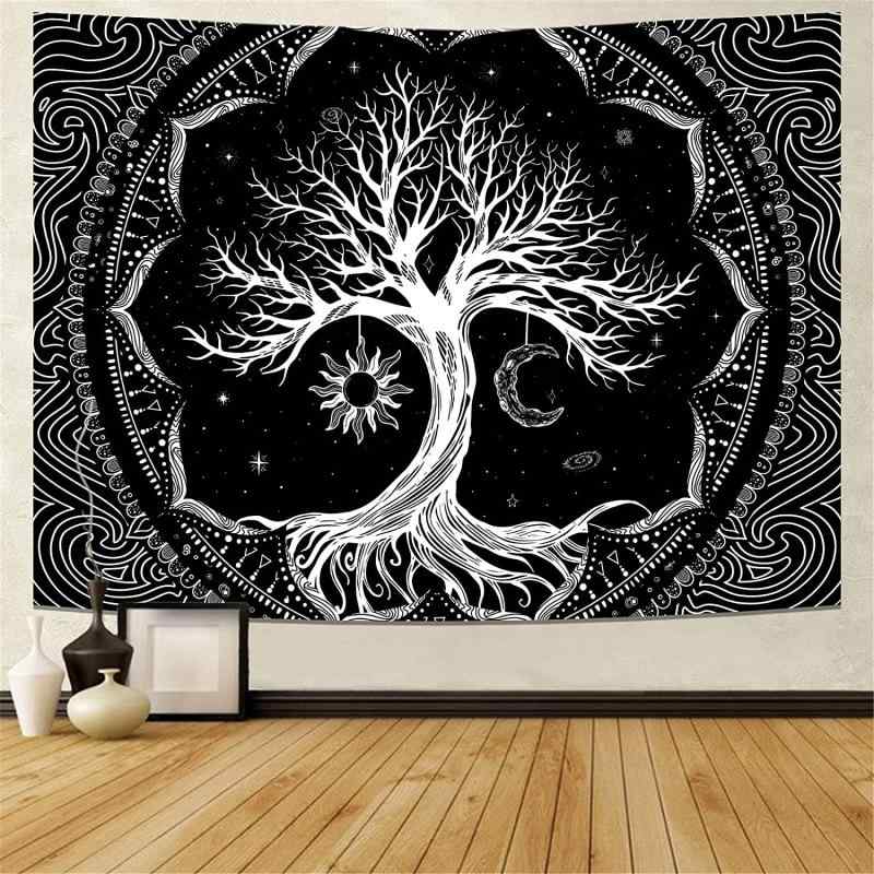 タペストリー 生命の樹 黒 白 マンダラ 太陽 月 星 ヒッピー エステティック ウォッシャブル 北欧風 幾何学模様 リビング 部屋 インテリア ポリエステル製 長方形