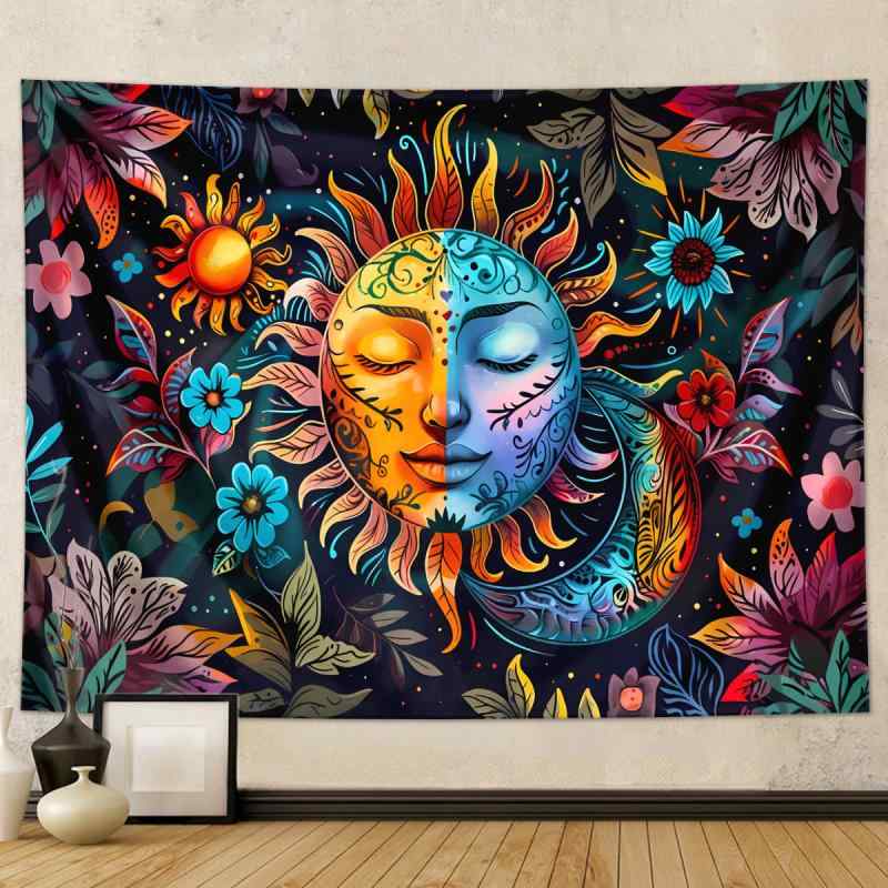 タペストリー 太陽 月 ウォールアート ファブリックポスター 植物 花柄 北欧風 壁掛け インテリア 洗濯機洗い可 ポリエステル製 リビング 寝室 部屋 模様替え