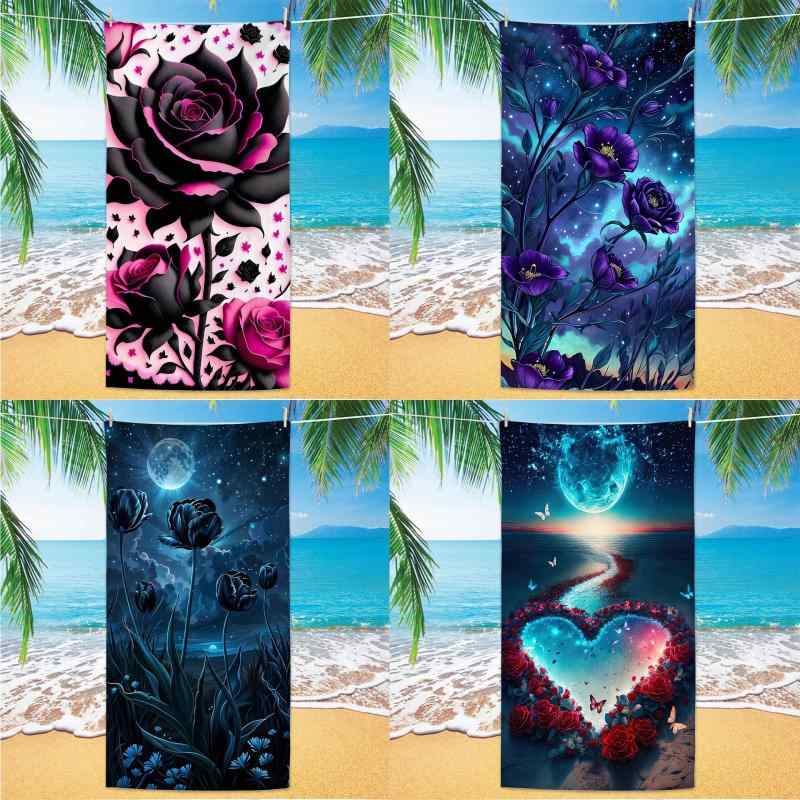 ビーチタオル バスタオル エイリアン バタフライ ローズ デジタルプリント ブラック 吸水速乾 軽量 薄..