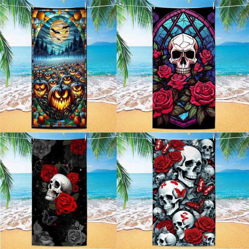 ビーチタオル ハロウィン スカル アメリカンホラー デジタルプリント 超細繊維 速乾 大判 バスタオル プール 海水浴 レジャー アウトドア カラフル