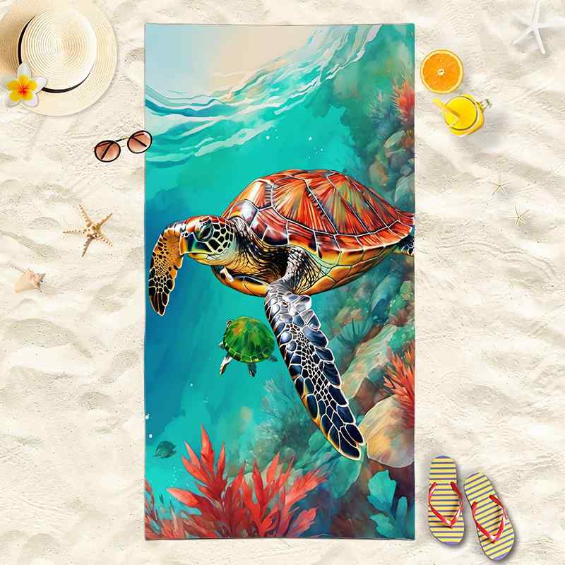 ビーチタオル 速乾 吸水 マイクロファイバー 軽量 ウミガメ柄 デジタルプリント 長方形 大判 バスタオ..
