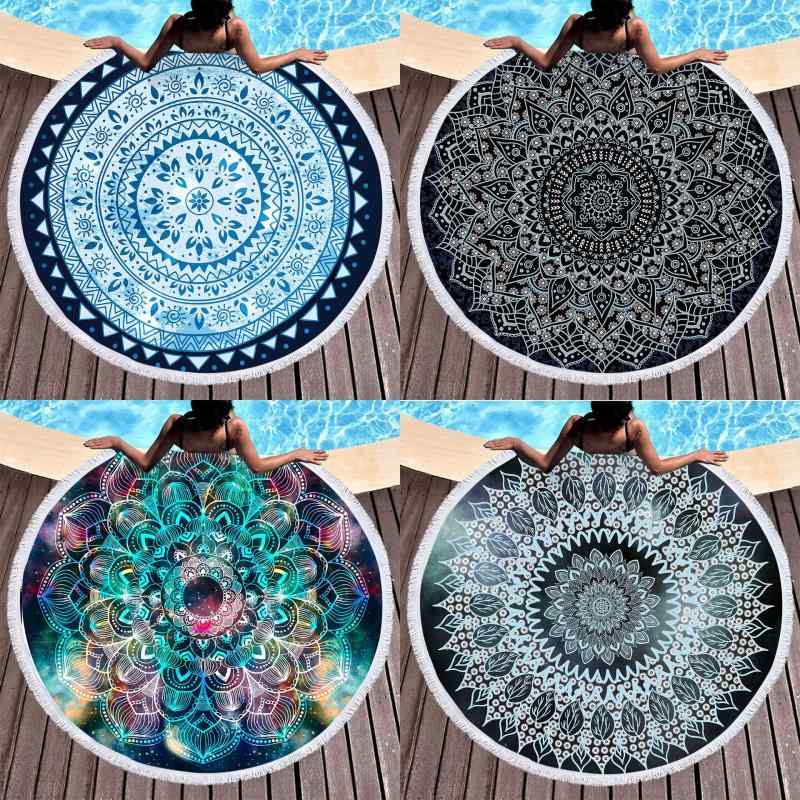 ビーチタオル マイクロファイバー 速乾 吸水 円形 ボヘミアン柄 フリンジ付き 150cm 大判 プール 海水浴 レジャー アウトドア ヨガ バスタオル(3)