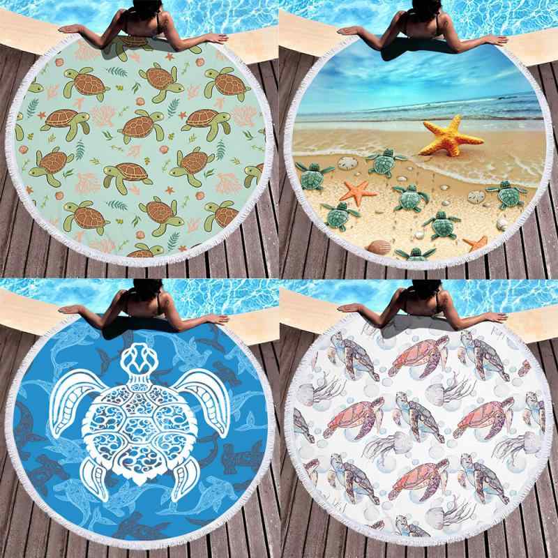 ビーチタオル バスタオル 大人用 男女兼用 マイクロファイバー 速乾 吸水 海亀柄 タートル柄 プリント 円形 丸型 大判 直径150cm フリンジデザイン 旅行 レジャー プール 海水浴 温泉 携帯 持ち運び 薄手 軽量(3)