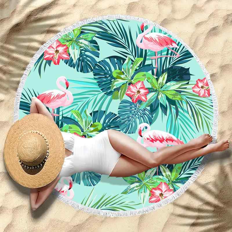 ビーチタオル マイクロファイバー 吸水速乾 大判 フリンジ付き 円形 フラミンゴ デジタルプリント バス..
