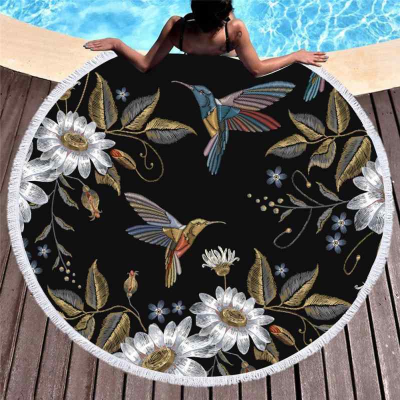 ラウンドタオル マイクロファイバー 吸水速乾 大判 肌触り快適 ブラックベース 花と鶴柄 3Dプリント フ..
