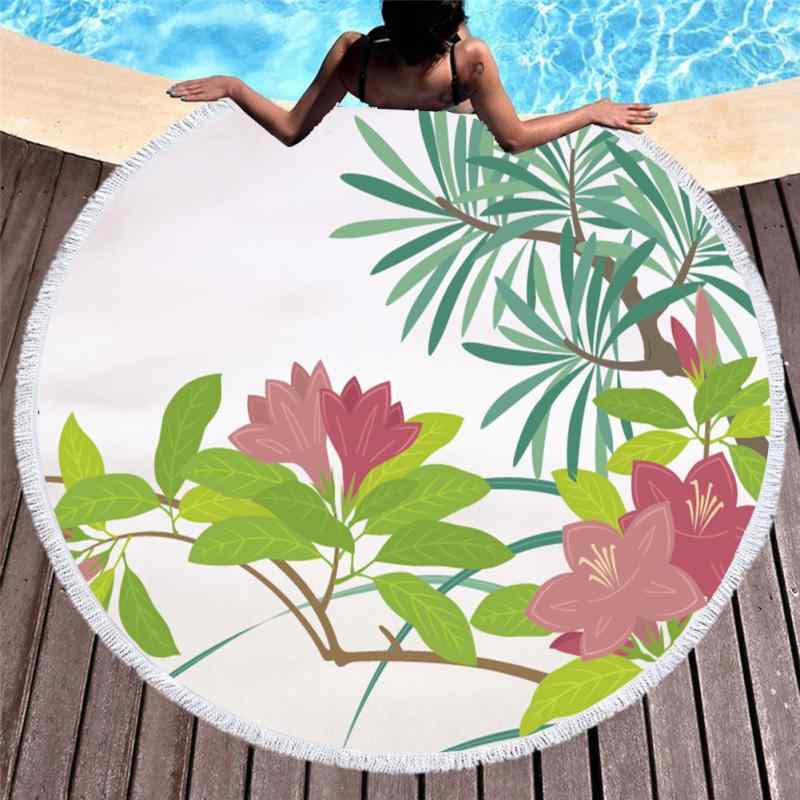 ビーチタオル 吸水速乾 マイクロファイバー 花柄 リーフ柄 エレガント 上品 3Dデジタルプリント 円形 ..