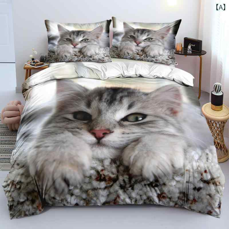 布団カバーセット かわいい 猫柄 デジタルプリント ピーチスキン加工 微起毛 ポリエステル綿 洗える 速乾 掛布団カバー ボックスシーツ 枕カバー 3点セット オールシーズン対応