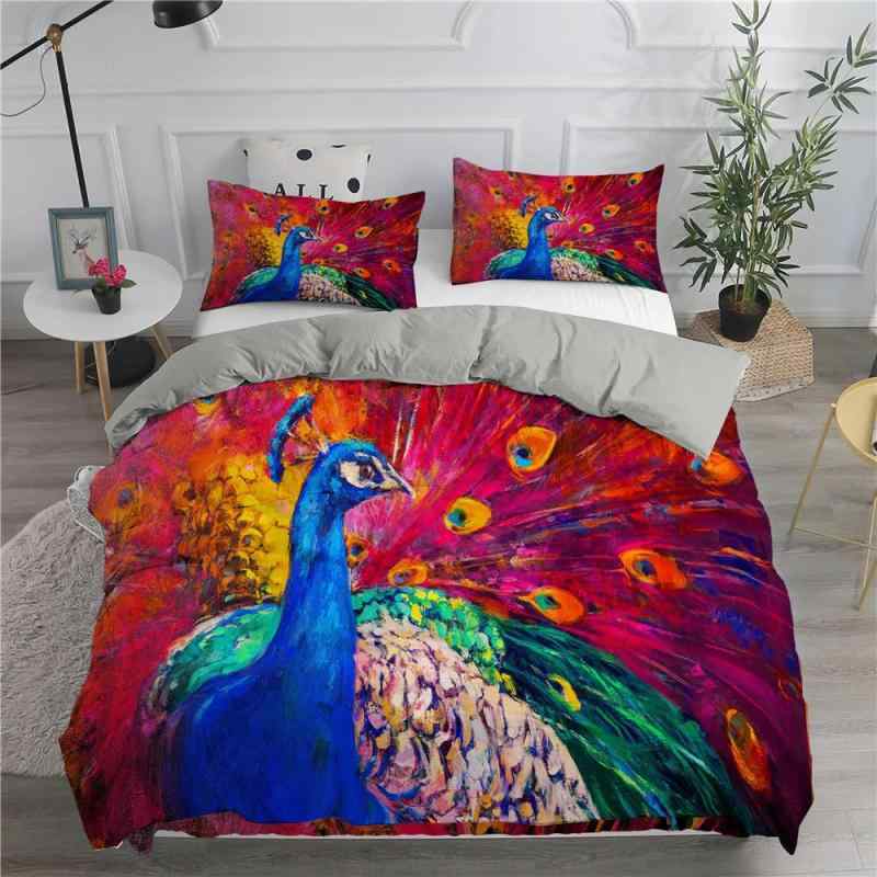 掛け布団カバーセット デジタルプリント 油絵風 孔雀柄 アートデザイン モダン おしゃれ 洗える 速乾 ポリエステル素材 寝具 来客用 オールシーズン対応 3点セット 枕カバー ピローケース