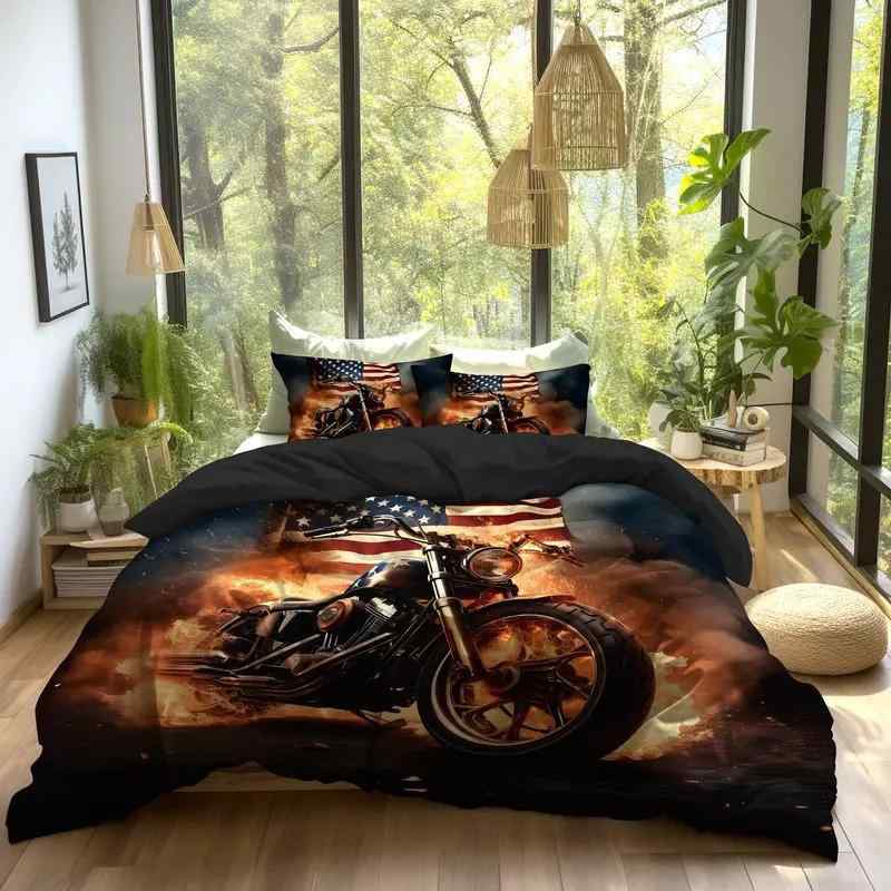 布団カバーセット ヴィンテージ レトロ 消防バイク アメリカ国旗 星条旗 デジタルプリント ポリエステ..